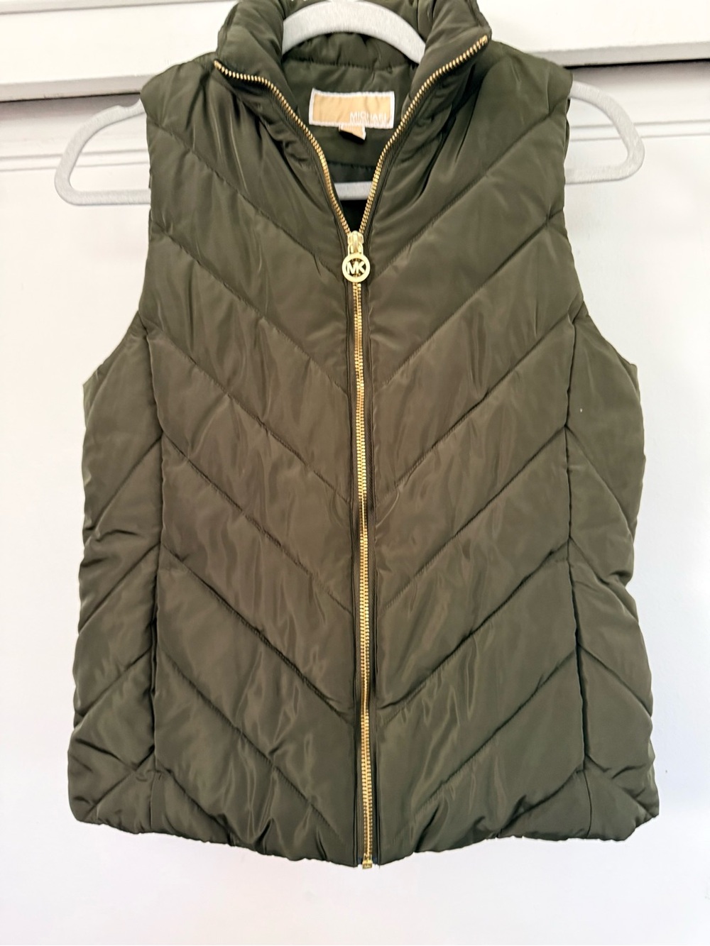 Michael Kors Olive Green Quilted Puffer Vest with Gold Zipper